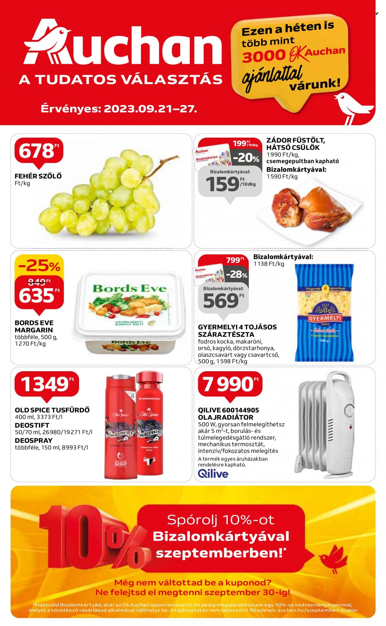 Auchan akciós újsága  - 2023.09.21 - 2023.09.27 - Akciós termékek - fehér szőlő, kagyló, margarin, makaróni, tészta, orsó, száraztészta, Old Spice, tusfürdő.  1. Oldal