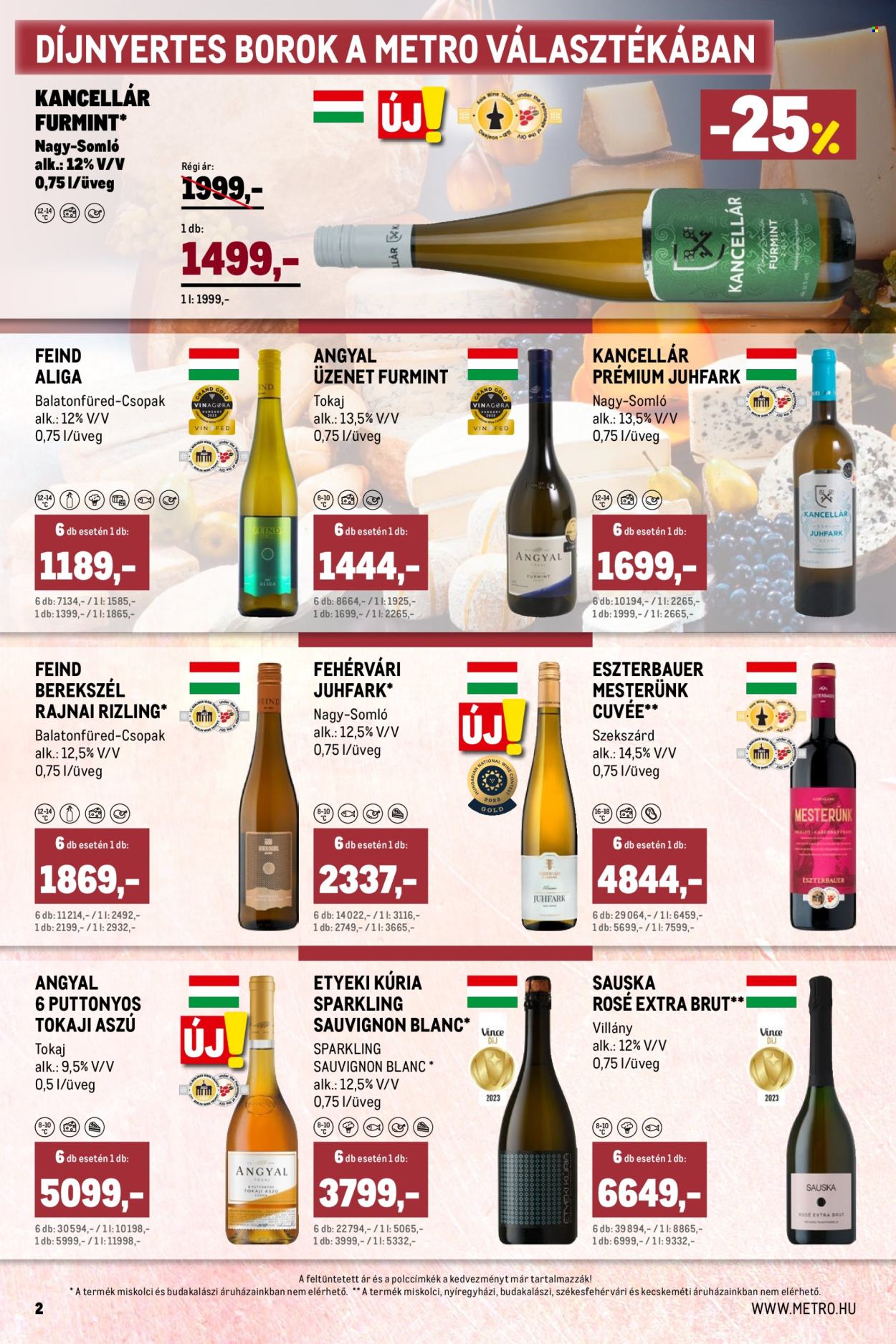 thumbnail - Metro akciós újsága  - 2024.04.02 - 2024.04.30 - Akciós termékek - alkohol, Sauvignon Blanc, Cuvée, Tokaji, bor.  2. Oldal