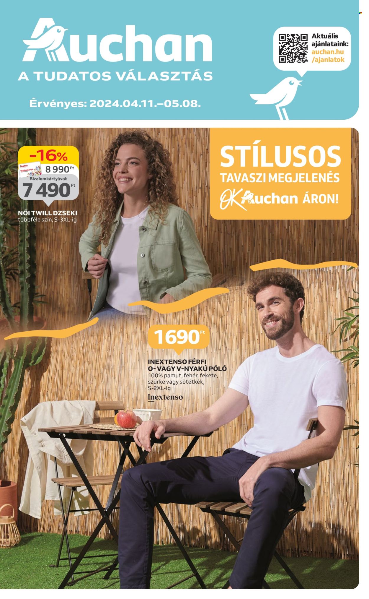 thumbnail - Auchan akciós újsága  - 2024.04.11 - 2024.05.08 - Akciós termékek - dzseki, póló.  1. Oldal