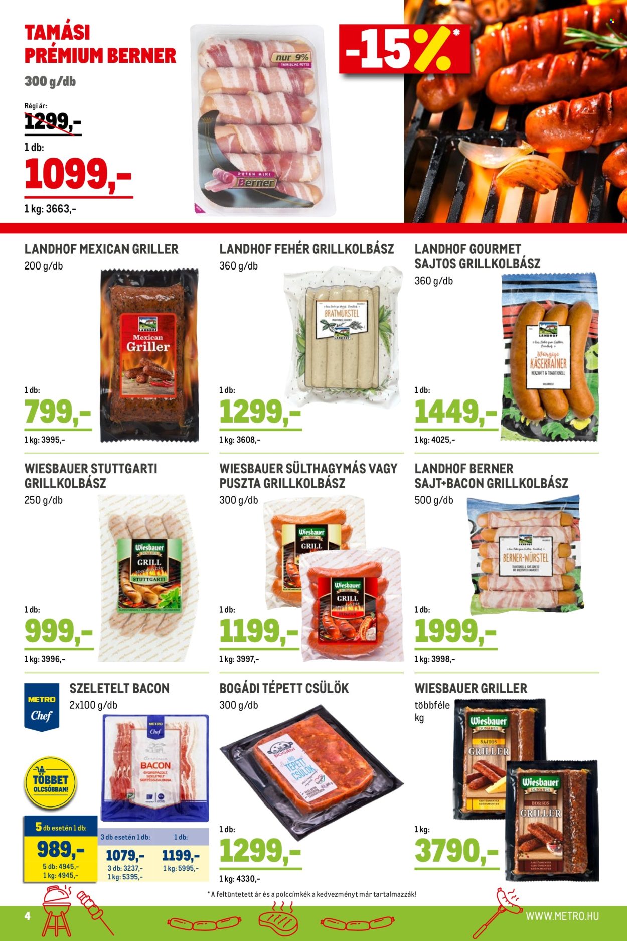 thumbnail - Metro akciós újsága  - 2024.05.02 - 2024.05.31 - Akciós termékek - szalonna, szeletelt bacon, grillkolbász, sajt, grill.  4. Oldal