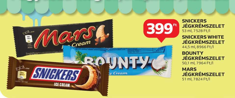 Snickers, Snickers White, Bounty, Mars Jégkrémszelet