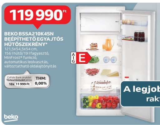BEKO BSSA210K4SN Beépíthető Egyajtós Hűtőszekrény