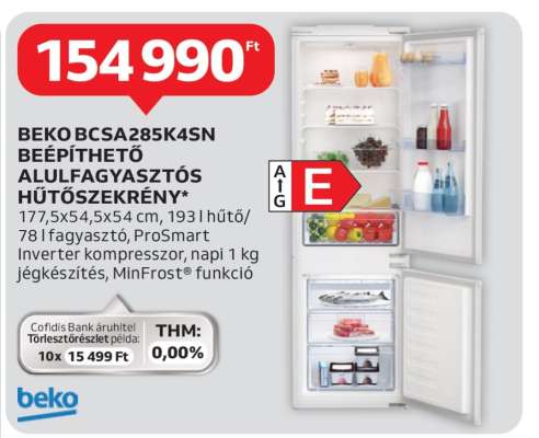 BEKO BCSA285K4SN Beépíthető Alulfagyasztós Hűtőszekrény