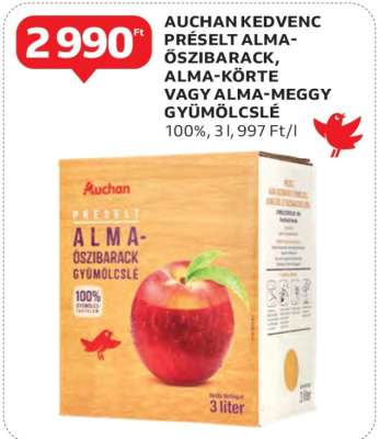AUCHAN KEDVENC PRÉSELT ALMA-ŐSZIBARACK, ALMA-KÖRTE VAGY ALMA-MEGGY GYÜMÖLCSLÉ