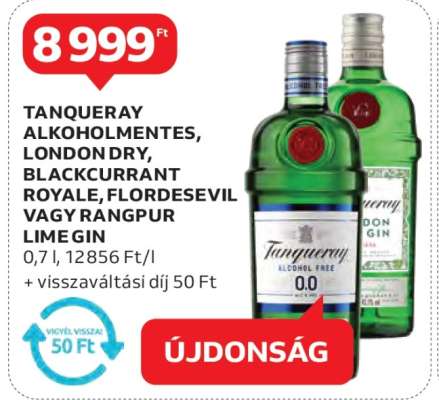 Tanqueray Alkoholmentes, London Dry, Blackcurrant Royale, Flordesevil vagy Rangpur Lime Gin