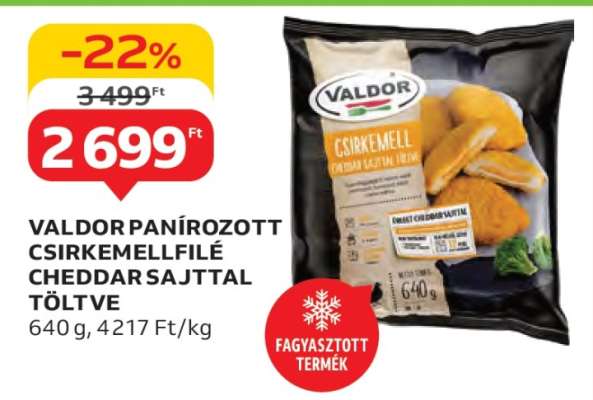 VALDOR PANÍROZOTT CSIRKEMELLFILÉ CHEDDAR SAJTTAL TÖLTVE