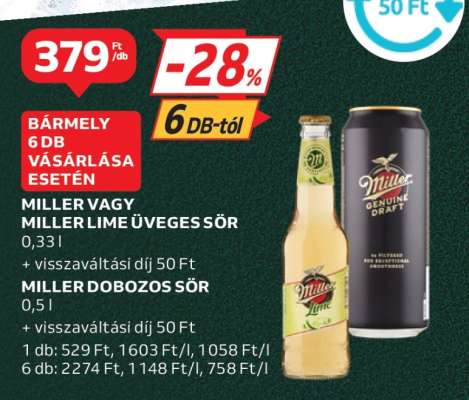 Miller vagy Miller Lime üveges sör 0,33 l / Miller dobozos sör 0,5 l