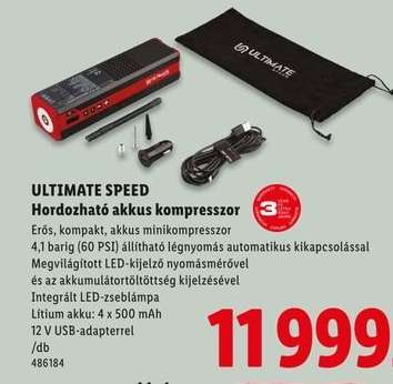 ULTIMATE SPEED Hordozható akkus kompresszor