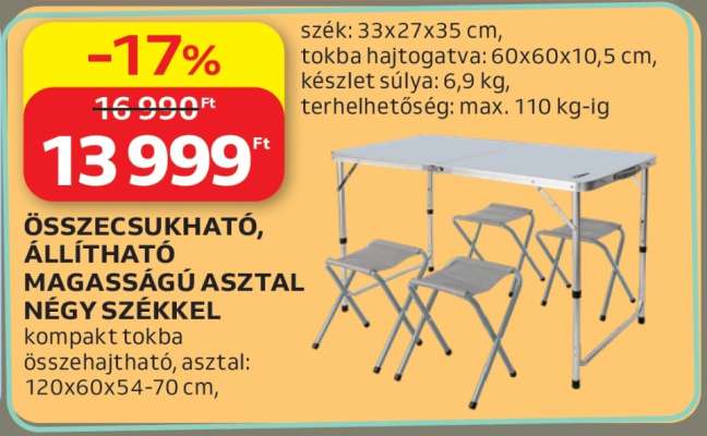 Összecsukható, állítható magasságú asztal négy székkel