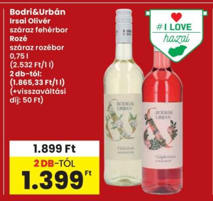 Bodri&Urbán Irsai Olivér száraz fehérbor Rozé száraz rozébor