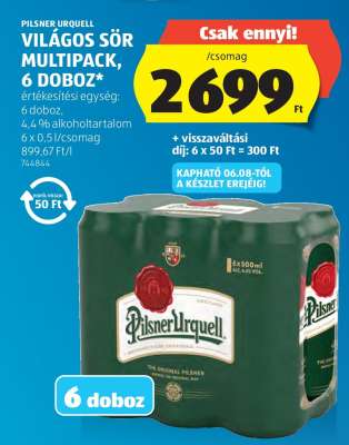 Pilsner Urquell Világos Sör Multipack, 6 doboz