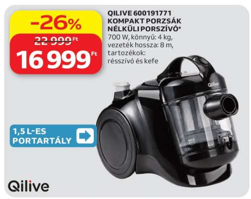 QILIVE 600191771 KOMPAKT PORZSÁK NÉLKÜLI PORSZÍVÓ