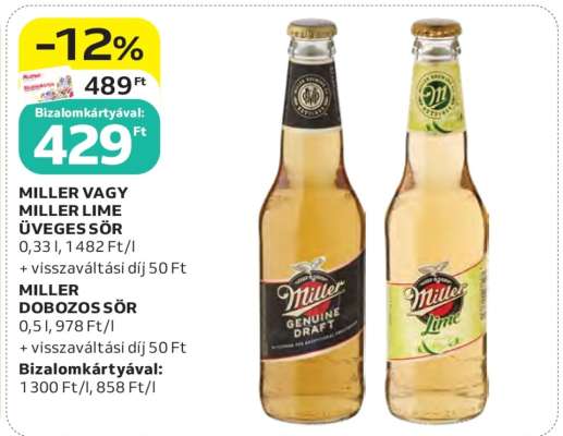 Miller vagy Miller Lime üveges sör