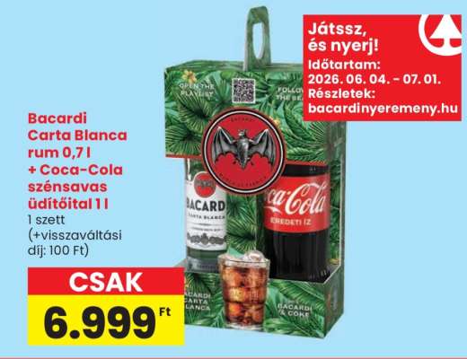 Bacardi Carta Blanca rum 0,7l + Coca-Cola szénsavas üdítőital 1l