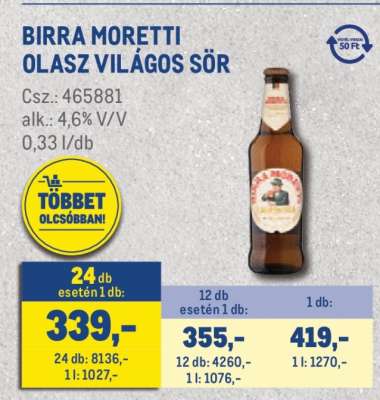 BIRRA MORETTI Olasz Világos Sör