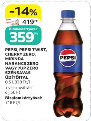 PEPSI, PEPSI TWIST, CHERRY ZERO, MIRINDA NARANCS ZERO VAGY 7UP ZERO SZÉNSAVAS ÜDÍTŐITAL