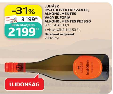 JUHÁSZ IRSAI OLIVÉR FRIZZANTE, ALKOHOLMENTES VAGY EUFÓRIA ALKOHOLMENTES PEZSGŐ