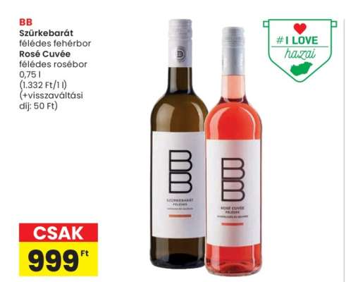 BB Szürkebarát félédes fehérbor Rosé Cuvée félédes rosébor