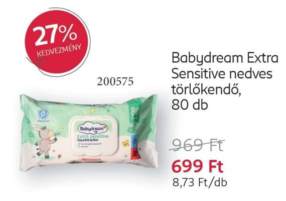 Babydream Extra Sensitive nedves törlőkendő, 80 db