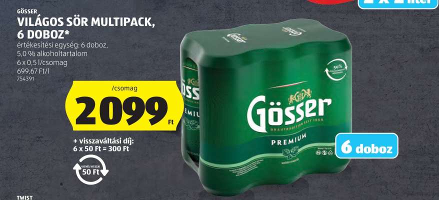 Gösser Világos Sör Multipack, 6 doboz