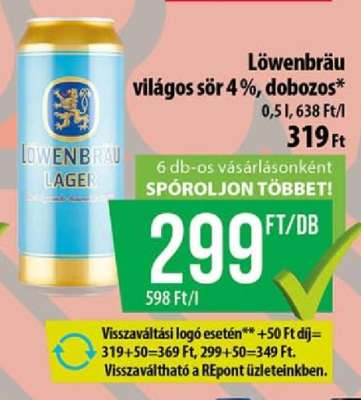 Löwenbräu világos sör 4%, dobozos