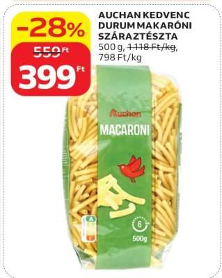 AUCHAN KEDVENC DURUM MAKARÓNI SZÁRAZTÉSZTA