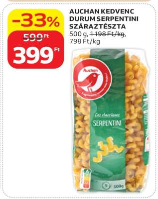 AUCHAN KEDVENC DURUM SERPENTINI SZÁRAZTÉSZTA