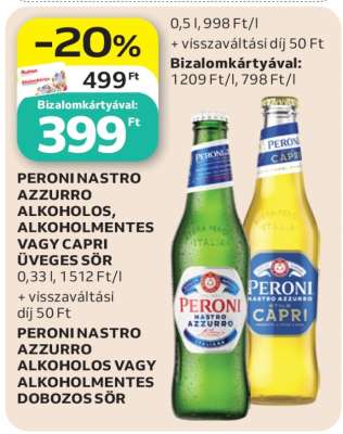 PERONI NASTRO AZZURRO ALKOHOLOS, ALKOHOLMENTES VAGY CAPRI ÜVEGES SÖR