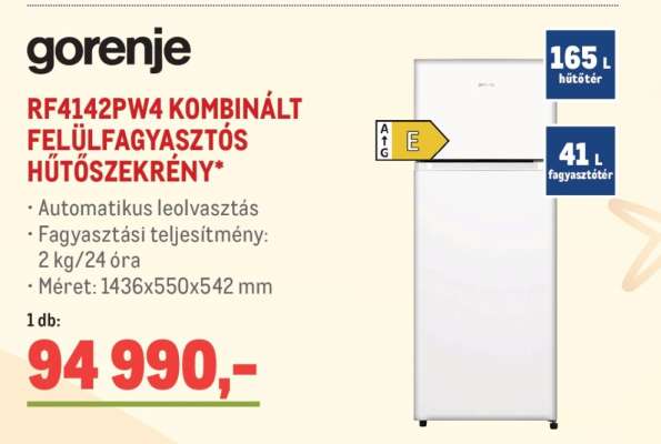 Gorenje RF4142PW4 Kombinált Felülfagyasztós Hűtőszekrény