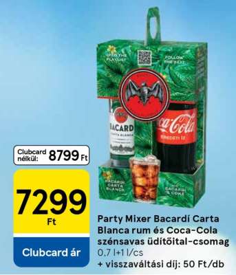 Party Mixer Bacardí Carta Blanca rum és Coca-Cola szénsavas üdítőital-csomag
