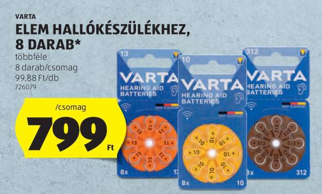 VARTA Elem hallókészülékhez, 8 darab