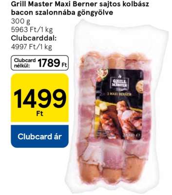 Grill Master Maxi Berner sajtos kolbász bacon-szalonnába göngyölve