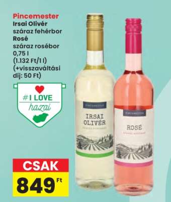 Pincemester Irsai Olivér száraz fehérbor Rosé