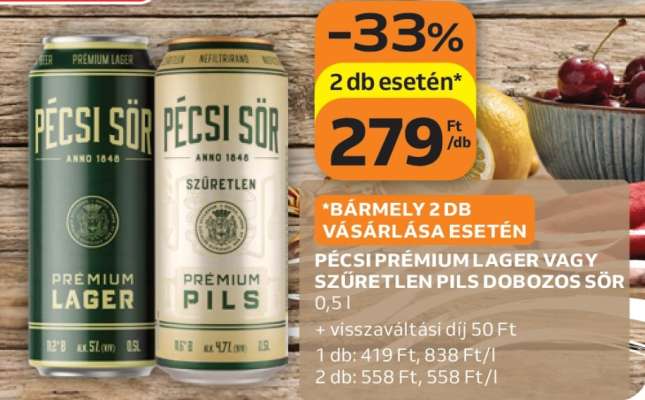 PÉCSI PRÉMIUM LAGER VAGY SZŰRETLEN PILS DOBOZOS SÖR