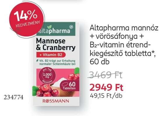Altapharma mannóz + vörösáfonya + B2-vitamin étrend-kiegészítő tabletta*, 60 db