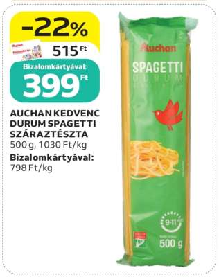 AUCHAN KEDVENC DURUM SPAGETTI SZÁRAZTÉSZTA