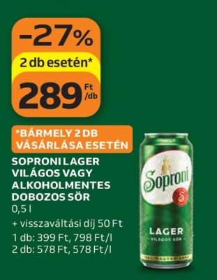 Soproni Lager Világos vagy Alkoholmentes Dobozos Sör