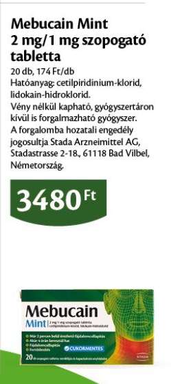 Mebucain Mint 2 mg/1 mg szopogató tabletta