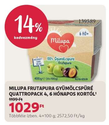 Milupa Frutapura Gyümölcspüré Quattropack 4, 6 hónapos kortól