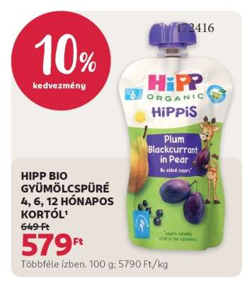 HIPP BIO GYÜMÖLCSPÜRÉ 4, 6, 12 HÓNAPOS KORTÓL
