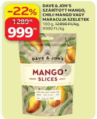 DAVE & JON’S SZÁRÍTOTT MANGO, CHILI-MANGO VAGY MARACUJA SZELETEK