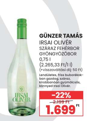 GÜNZER TAMÁS IRSAI OLIVÉR SZÁRAZ FEHÉRBOR GYÖNGYÖZŐBOR 0,75 l