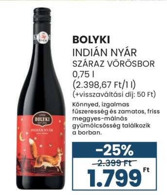 BOLYKI INDIÁN NYÁR SZÁRAZ VÖRÖSBOR