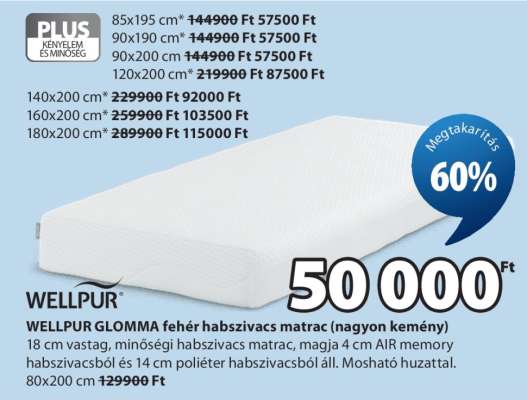 WELLPUR GLOMMA fehér habszivacs matrac (nagyon kemény)