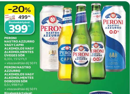 PERONI NASTRO AZZURRO VAGY CAPRI ALKOHOLOS VAGY ALKOHOLMENTES ÜVEGES SÖR