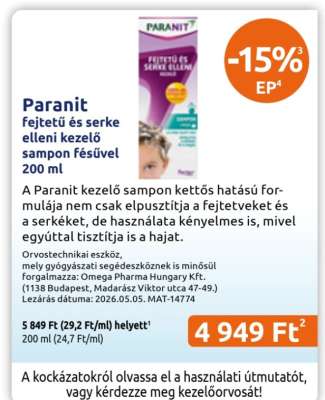 Paranit fejtetű és serke elleni kezelő sampon fésűvel 200 ml