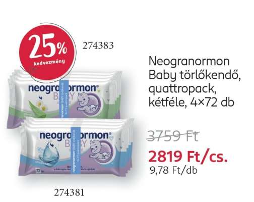 Neogranormon Baby törlőkendő, quattropack, kétféle, 4x72 db