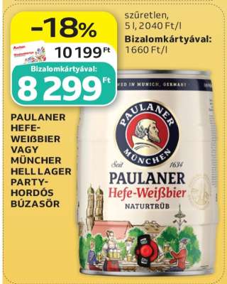 PAULANER HEFE-WEISSBIER VAGY MÜNCHNER HELL LAGER PARTY-HORDÓS BÚZASÖR