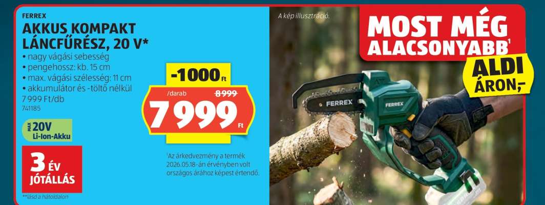 FERREX AKKUS KOMPAKT LÁNCFŰRÉSZ, 20 V