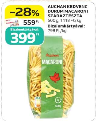 AUCHAN KEDVENC DURUM MACARONI SZÁRAZTÉSZTA